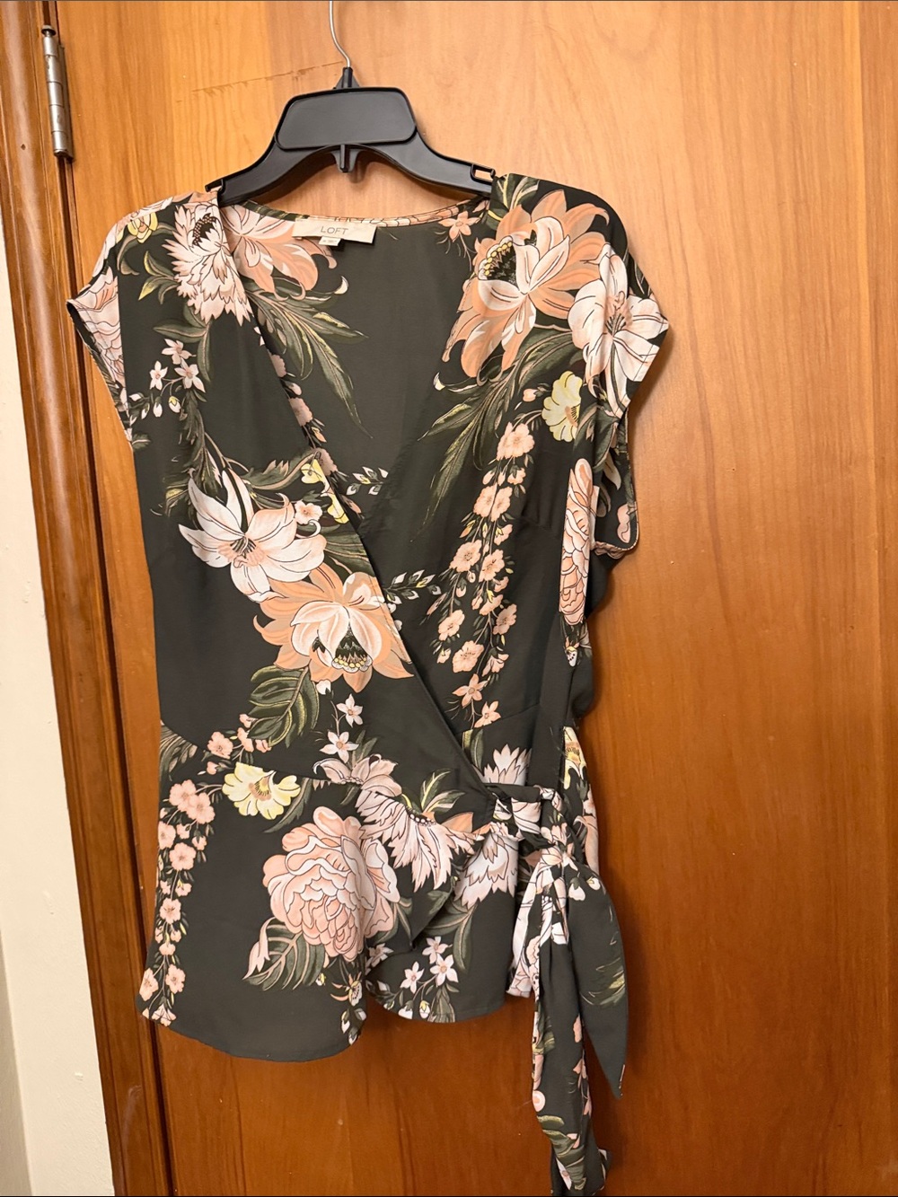 LOFT Floral Wrap Blouse in Dark Green and Peach